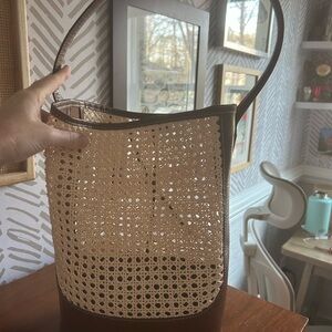 J Crew Woven Rattan & Brown Leather Shoulder Bag - Stylish Summer Tote